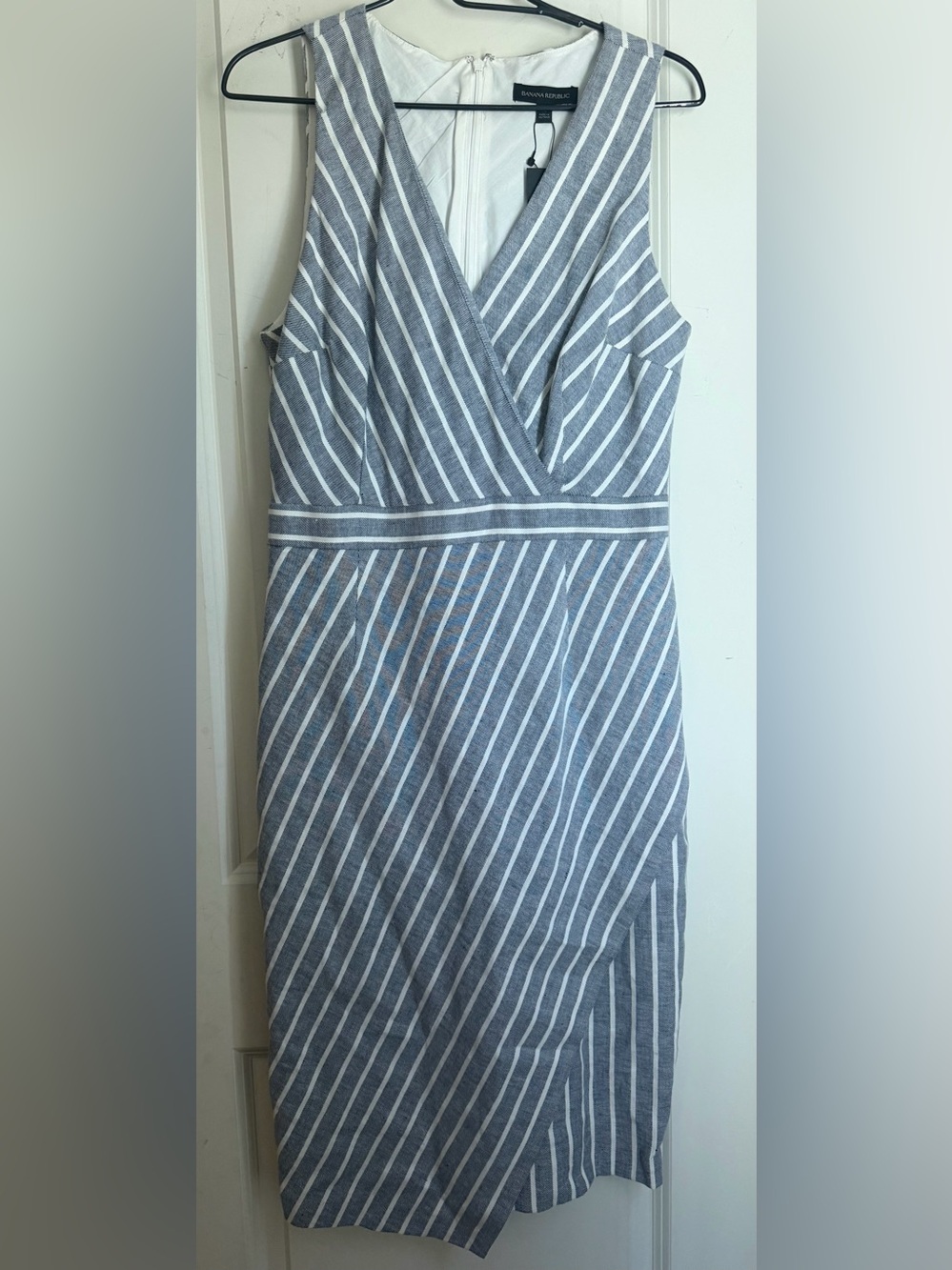 BANANA REPUBLIC Pinstriped Dress Blue & White Petites 10 nwt garden party boho - Picture 2 of 10